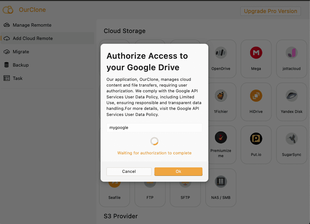 Authorize cloud storage in OurClone
