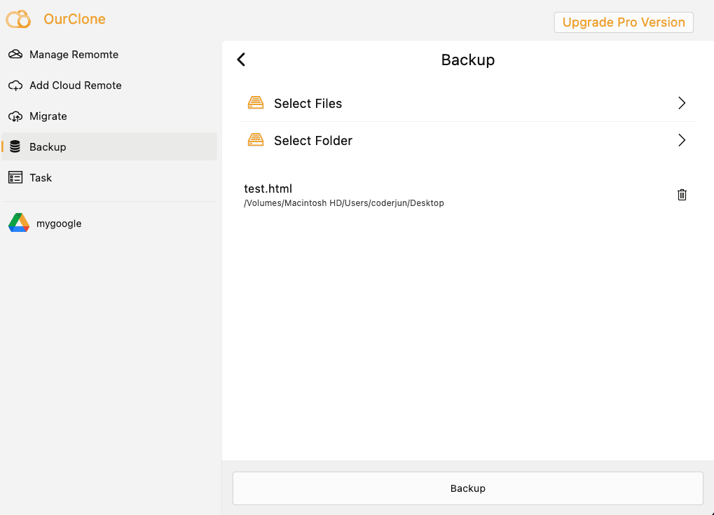 Create backup task in OurClone
