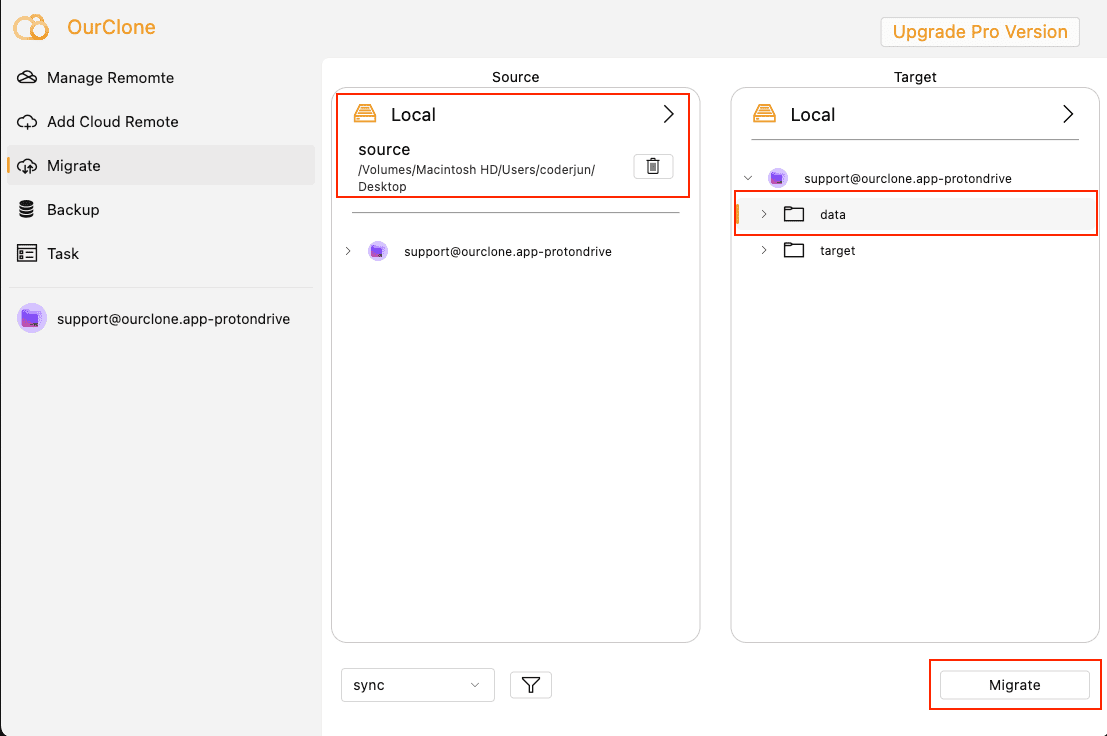 Select source and destination in OurClone