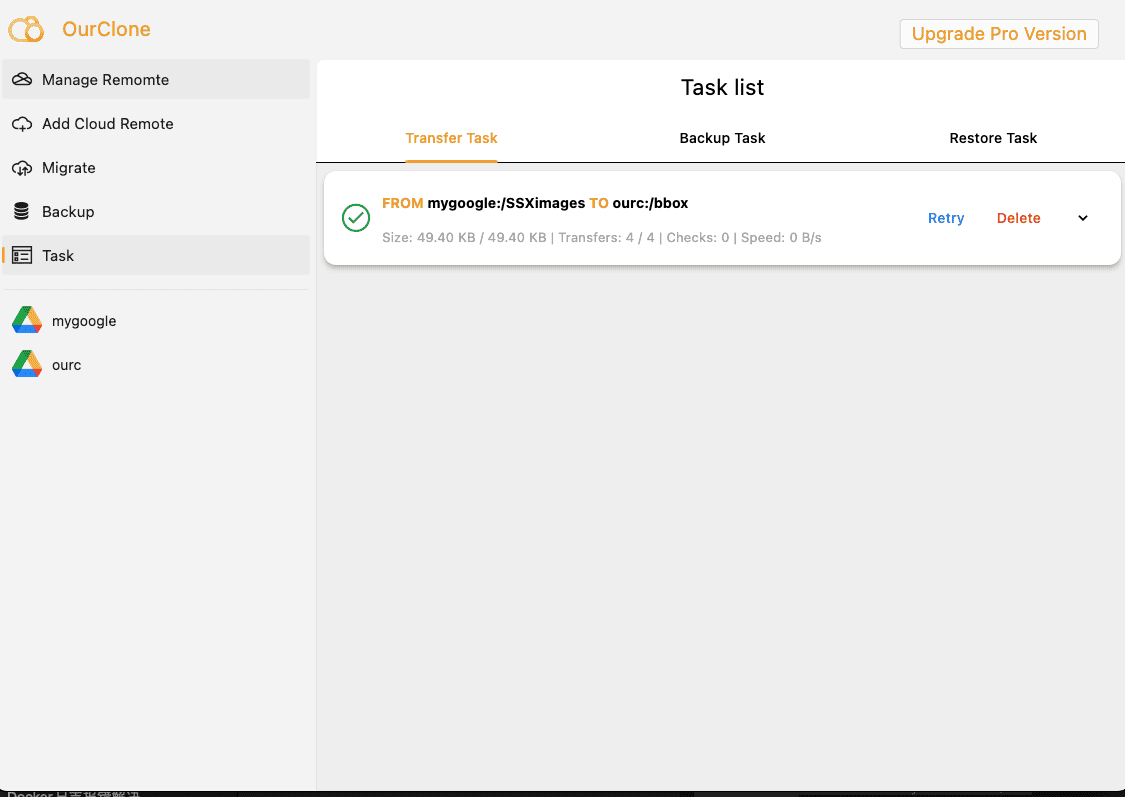 Check transfer status in OurClone