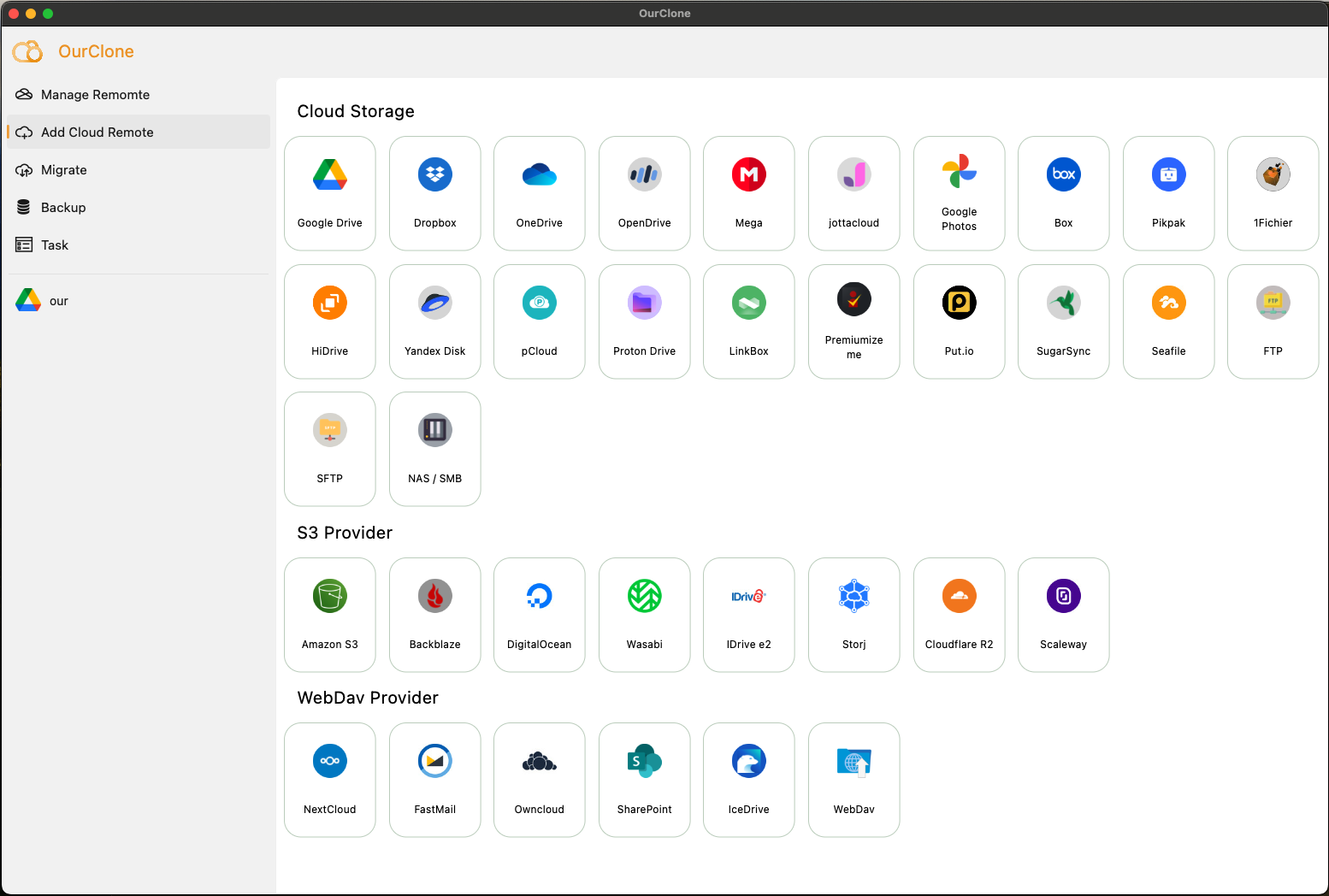 OurClone supports the best online cloud storage services