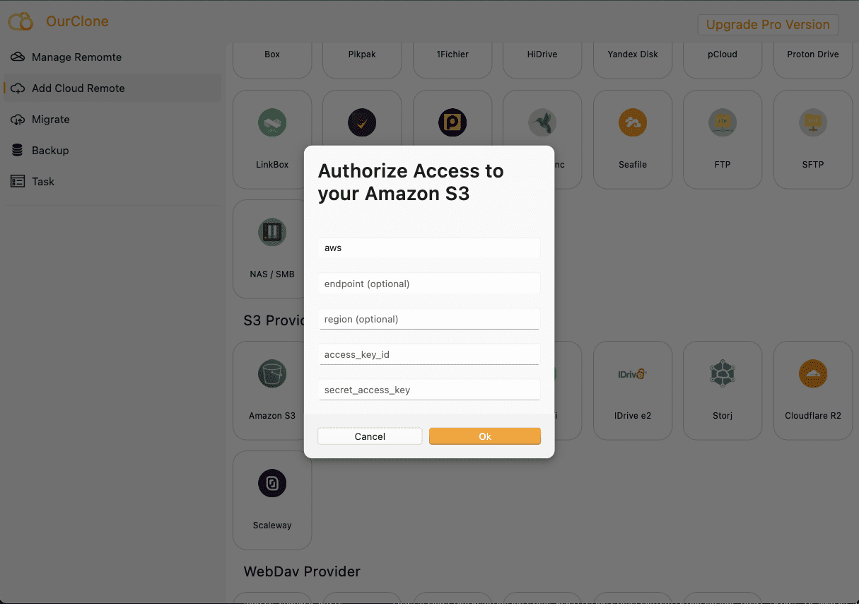 Authorize Amazon S3 in OurClone