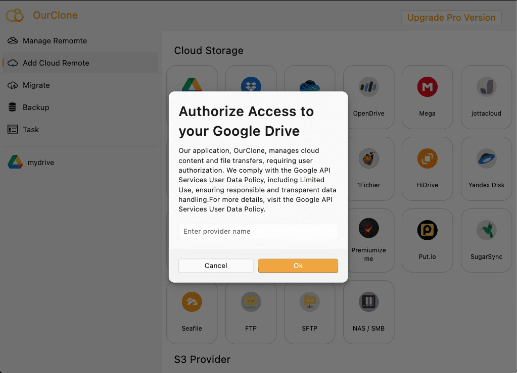 Authorize Google Drive in OurClone