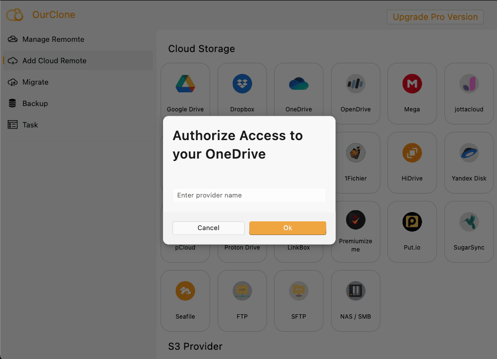 Authorize OneDrive in OurClone