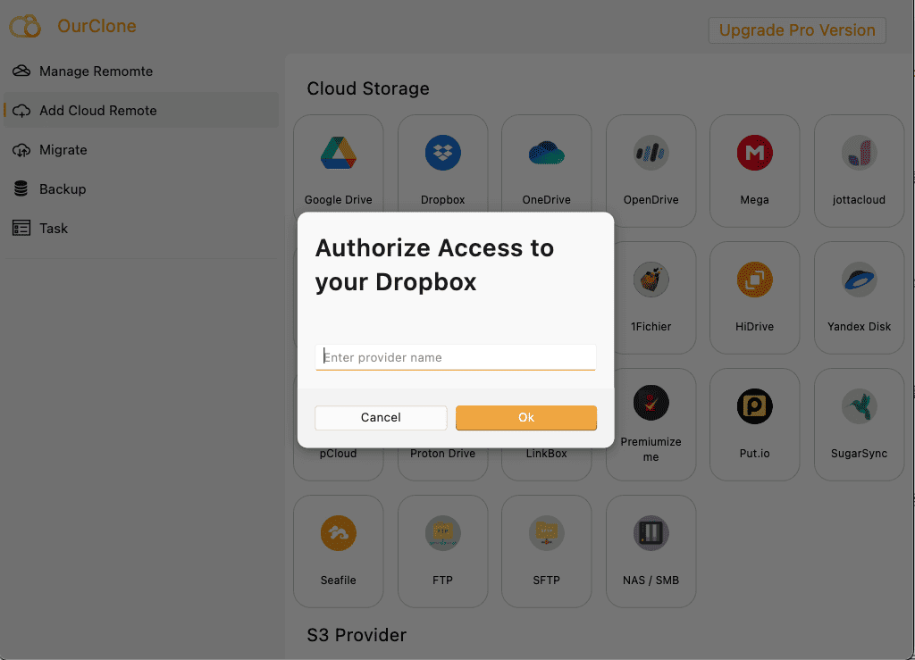 Authorize Dropbox in OurClone