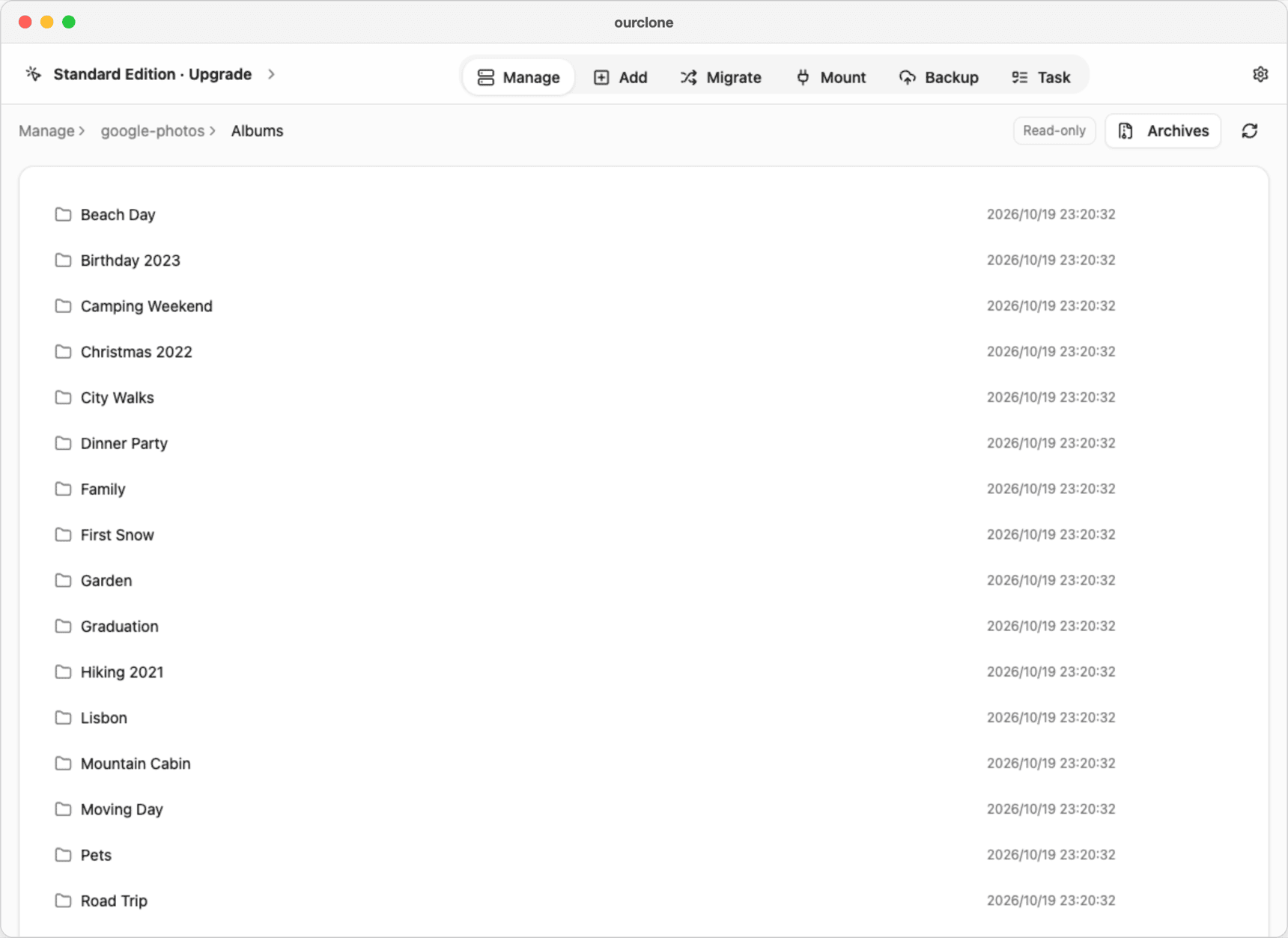 Browsing a Google Takeout export in OurClone's Manage page: the Albums folder lists each Google album, read-only