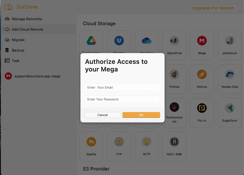 Select MEGA as storage in OurClone