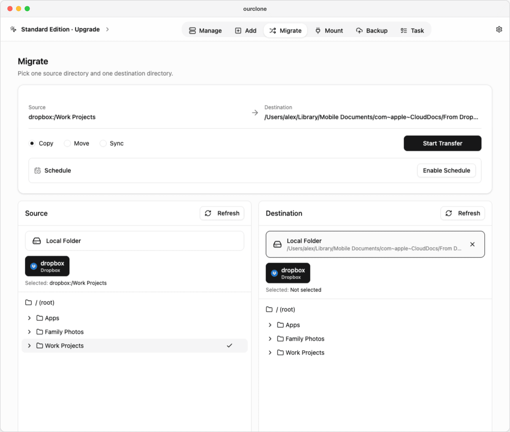 OurClone Migrate page copying dropbox:/Work Projects to a Local Folder destination inside iCloud Drive, /Users/alex/Library/Mobile Documents/com~apple~CloudDocs/From Dropbox, with Copy selected