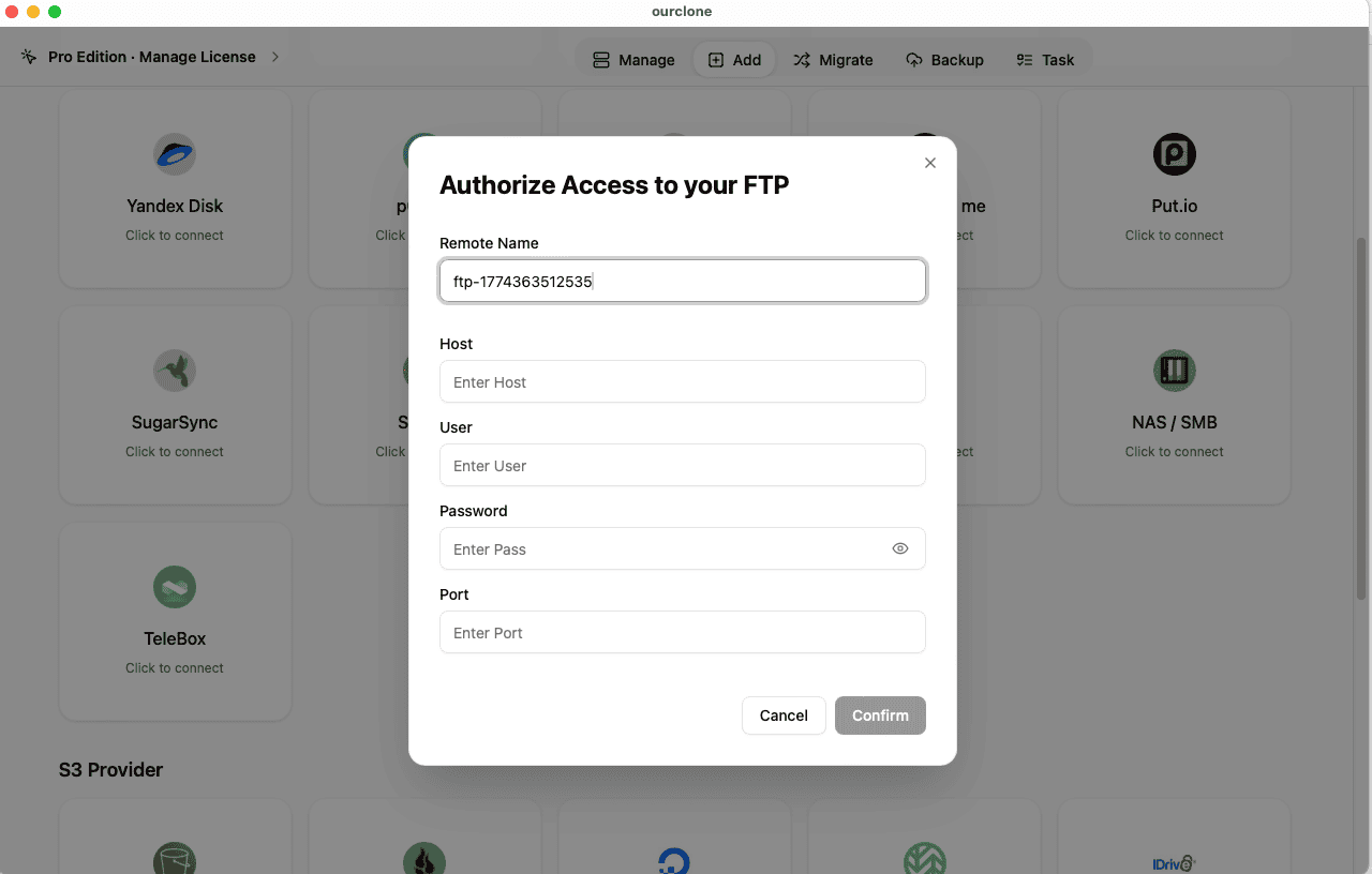 Authorize Ftp in OurClone