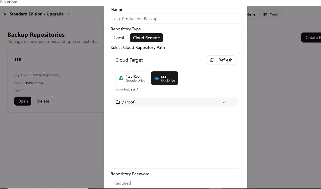 Creating an encrypted OneDrive backup repository in OurClone