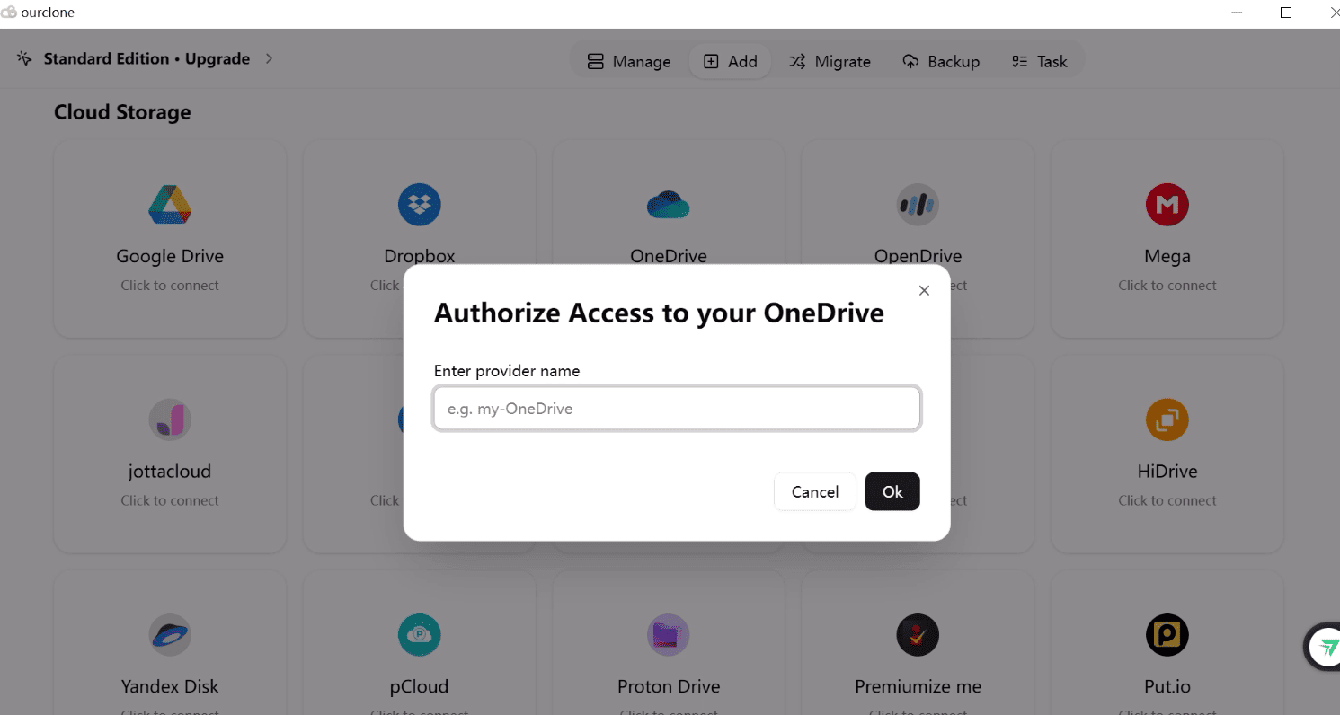 Connecting OneDrive in OurClone on Windows