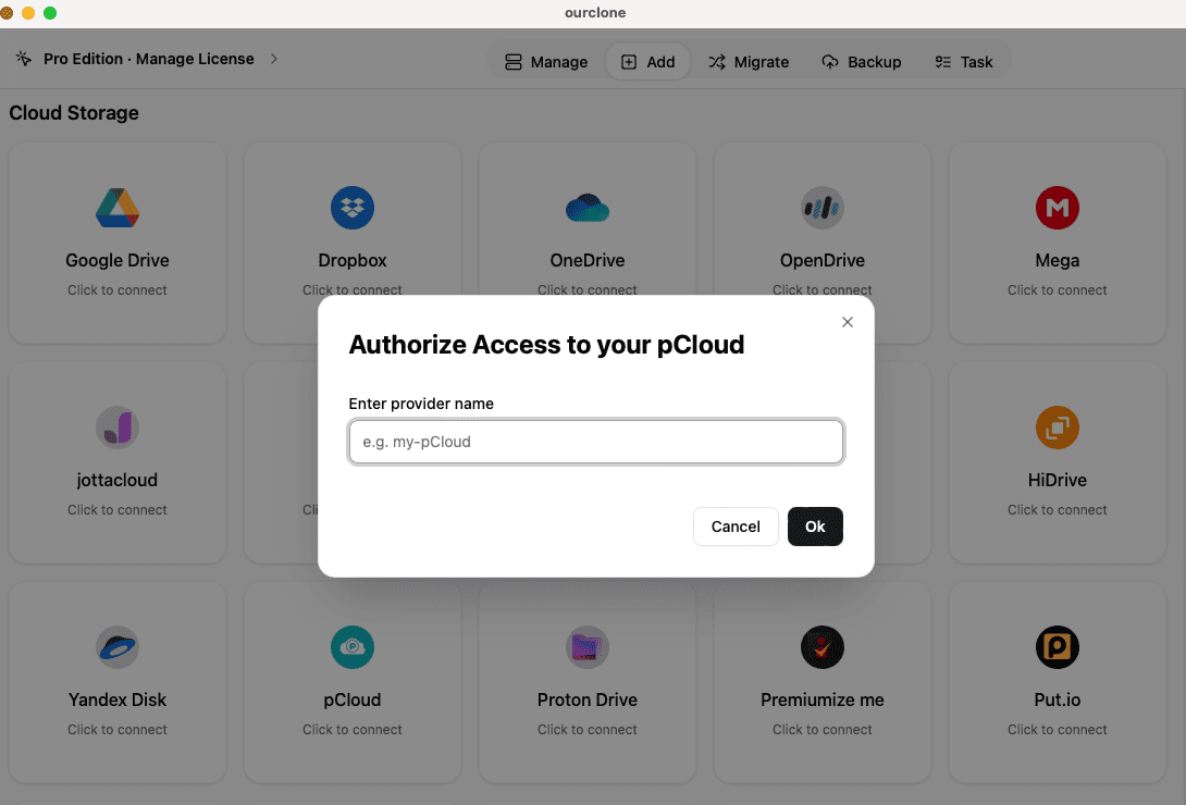 Authorize pCloud in OurClone