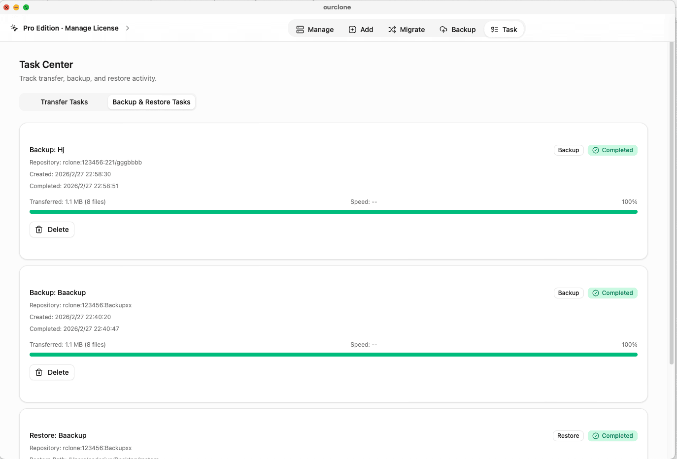 Tracking OneDrive backup progress in OurClone Task panel
