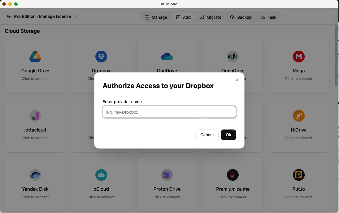 Authorize Dropbox in OurClone