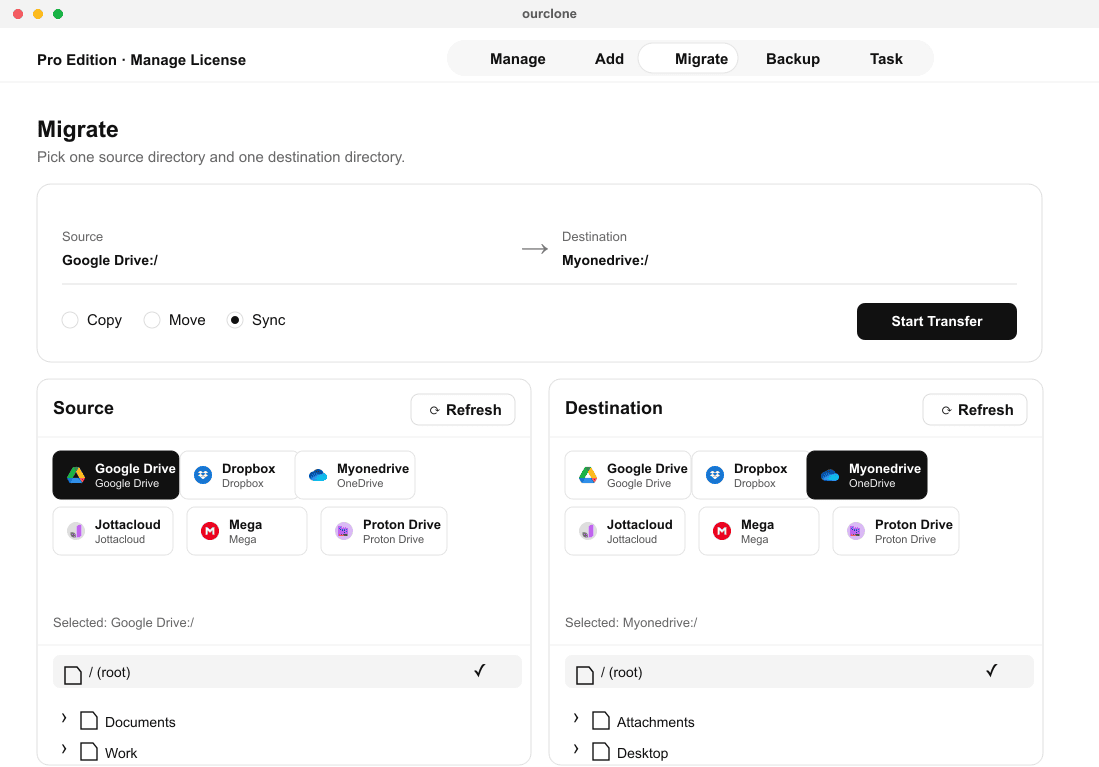 Google Drive to OneDrive migration task settings