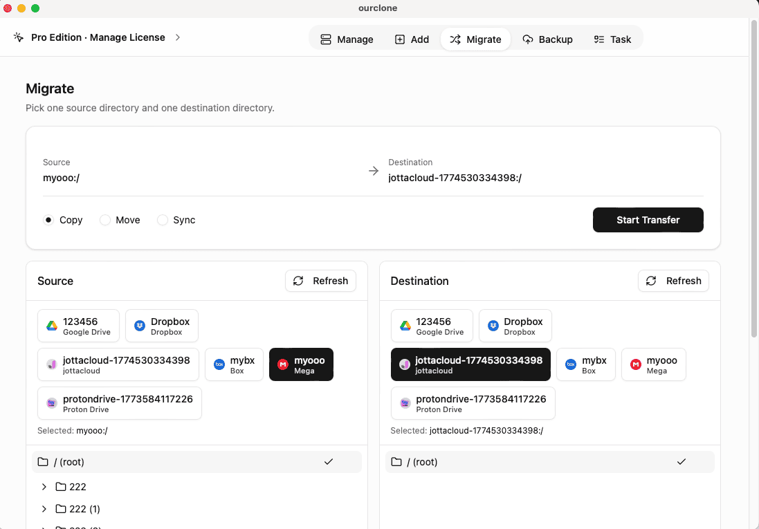 Sync from Mega to Jottacloud using OurClone