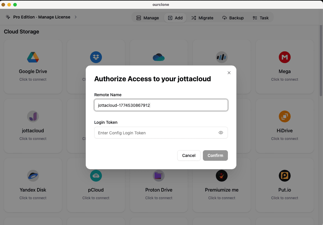 Generate and add Jottacloud token in OurClone