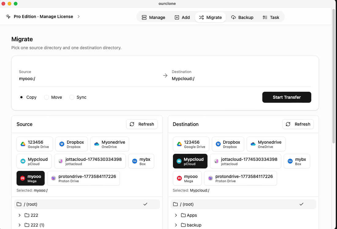 Run MEGA to pCloud Sync Task