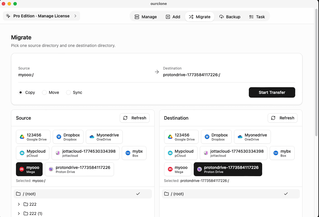 Transfer files from Mega to Proton Drive with OurClone