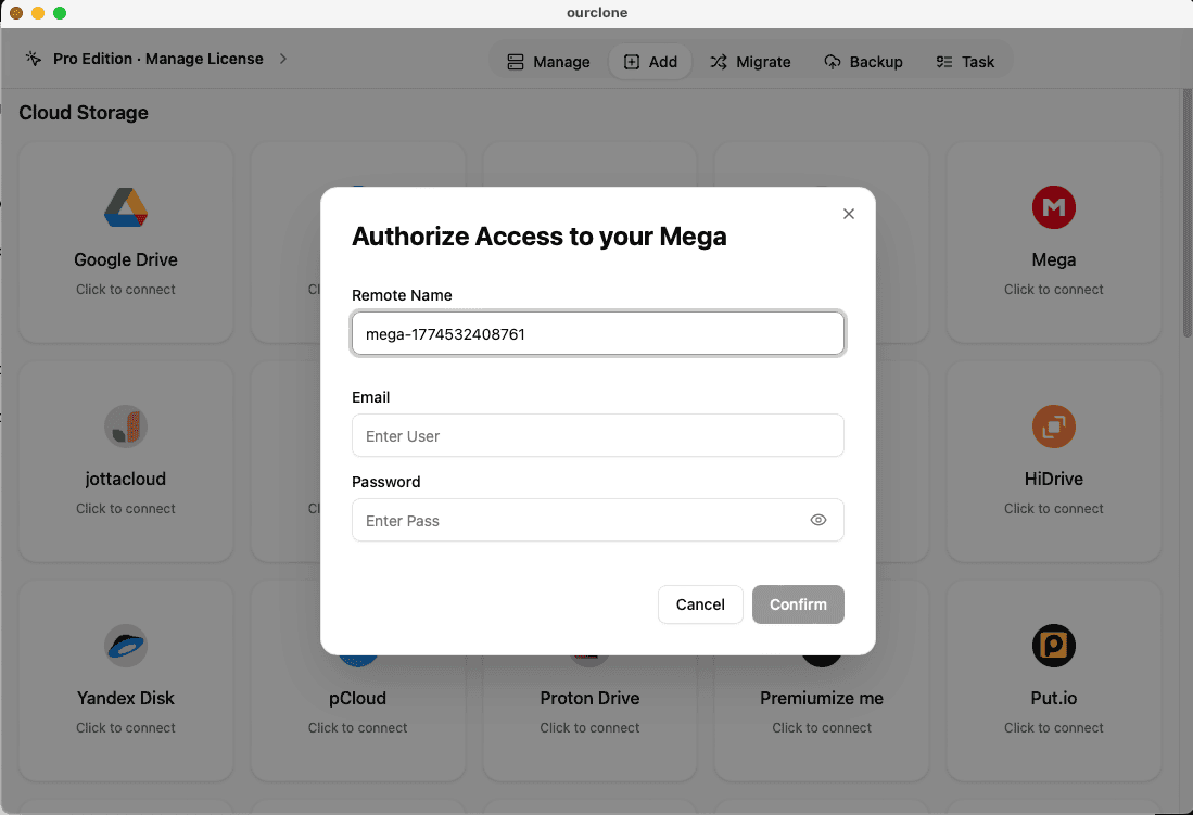 Sign in with Mega account in OurClone