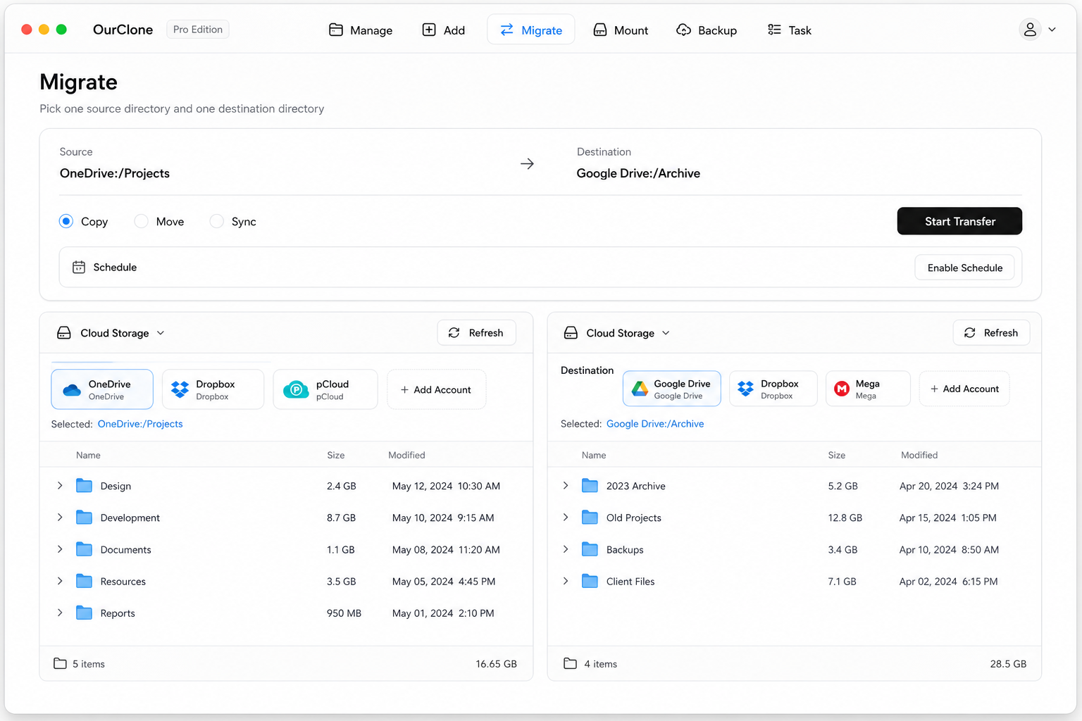 Configure Source, Target and transfer mode in OurClone Migrate