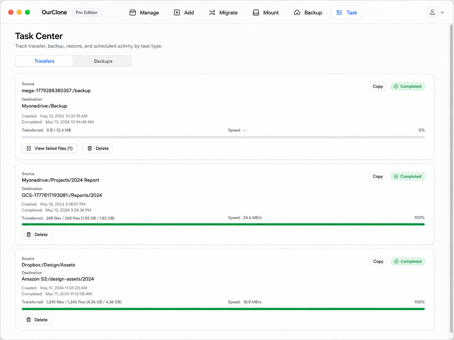 Monitor transfer progress in OurClone Task panel