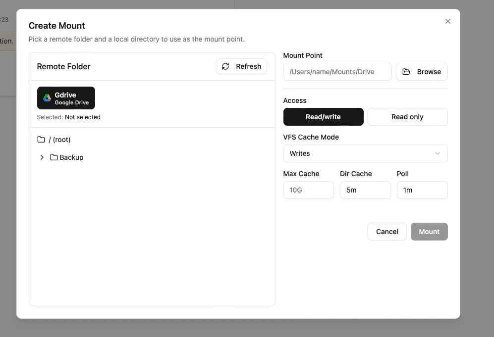 Open New Mount Dialog in OurClone