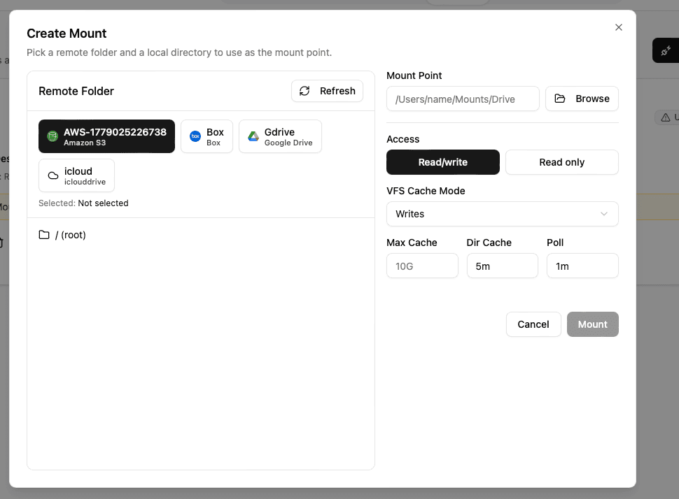 Open New Mount Dialog in OurClone