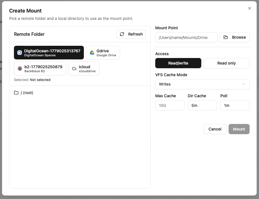 Open New Mount Dialog in OurClone