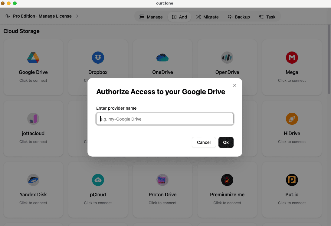 Authorize Google Drive in OurClone
