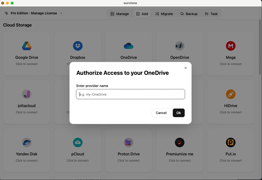 Authorize OneDrive in OurClone