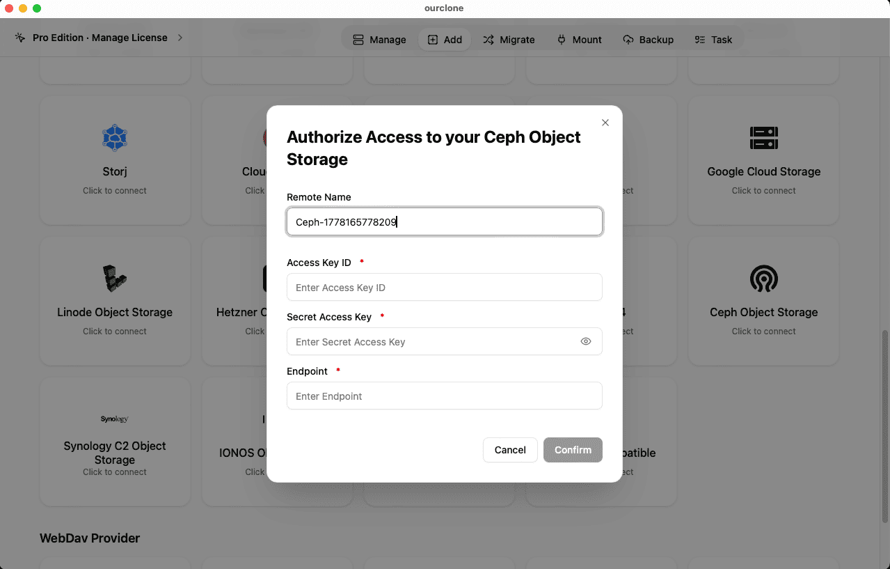 Add Ceph Object Storage to OurClone with RGW access keys and endpoint