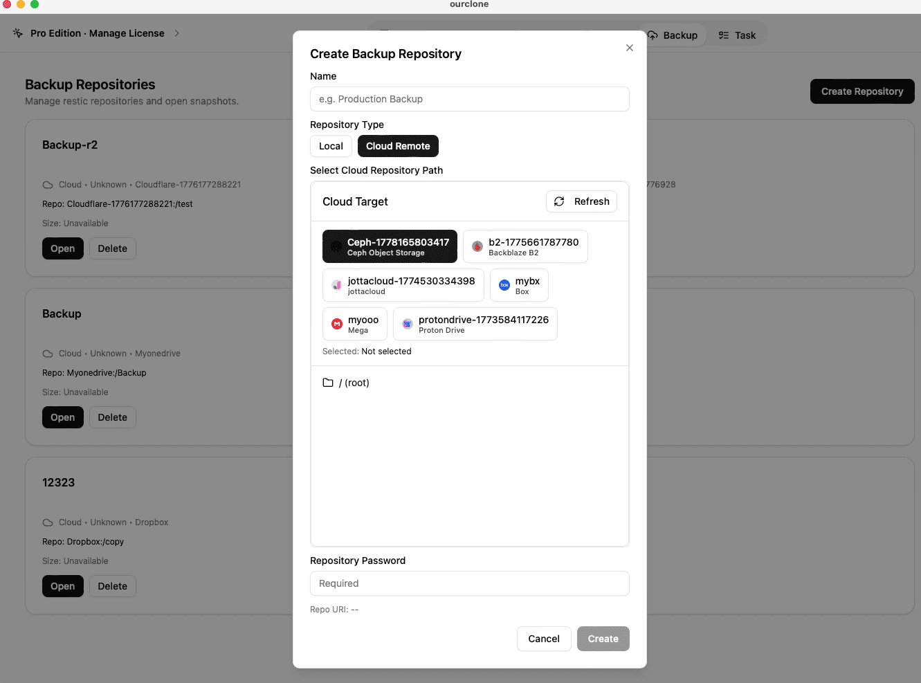 Create a Backup Repository on a Ceph Object Storage cluster in OurClone