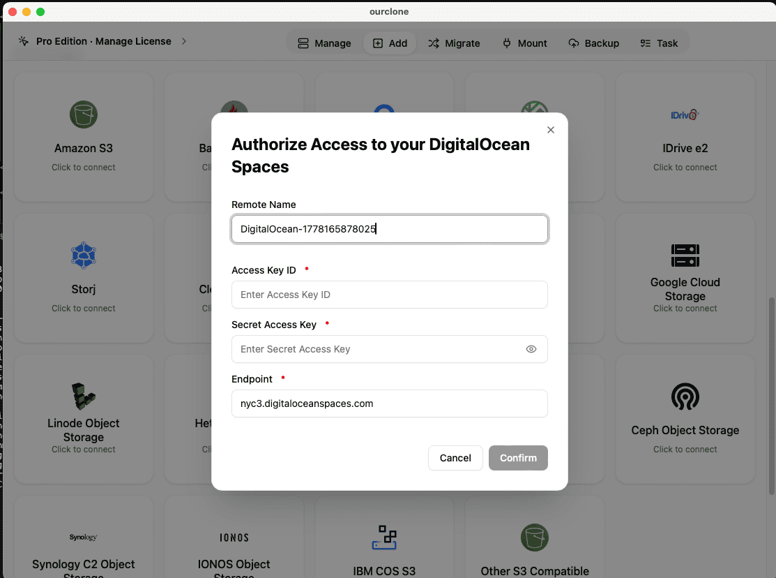Add DigitalOcean Spaces to OurClone with access keys and regional endpoint
