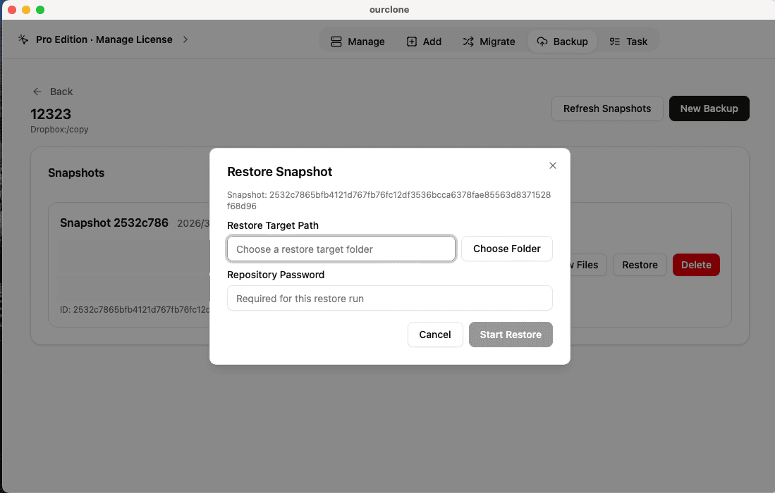 Restore files in OurClone