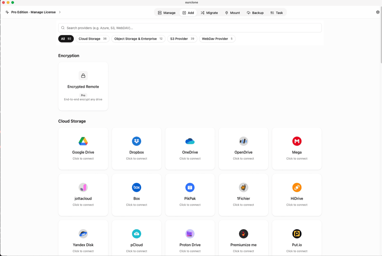 OurClone Add page showing the Encryption category with the Pro Encrypted Remote card
