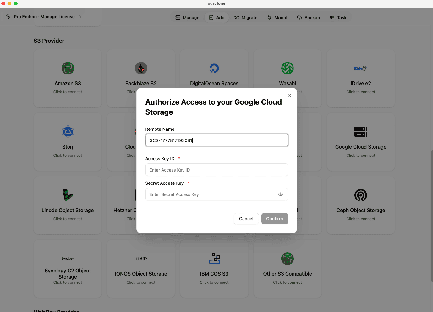 Add Google Cloud Storage to OurClone using HMAC keys