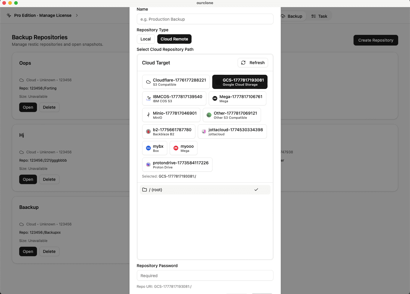 Create a Backup Repository in Google Cloud Storage with OurClone