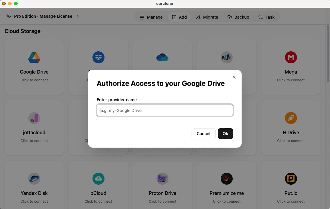 Authorize cloud storage in OurClone
