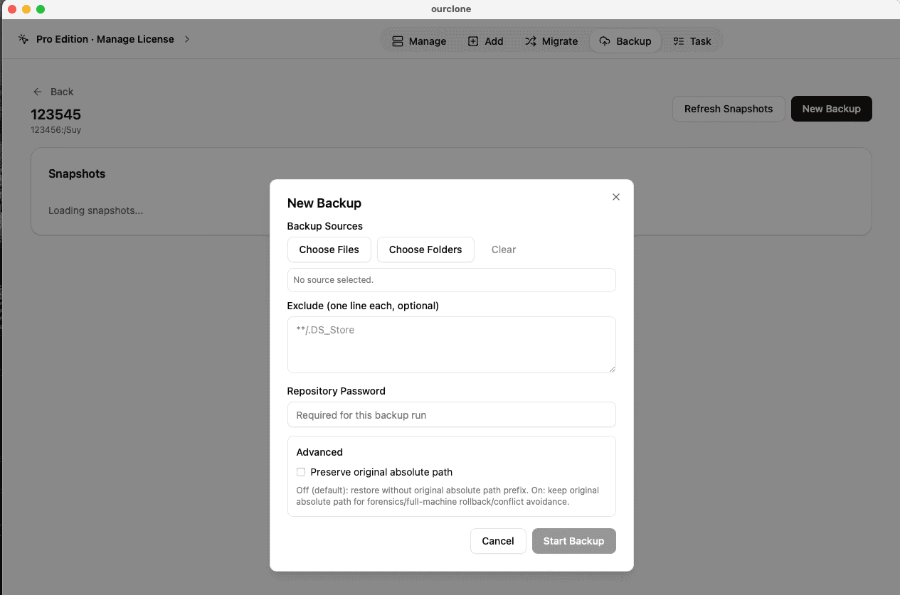 Create backup task in OurClone