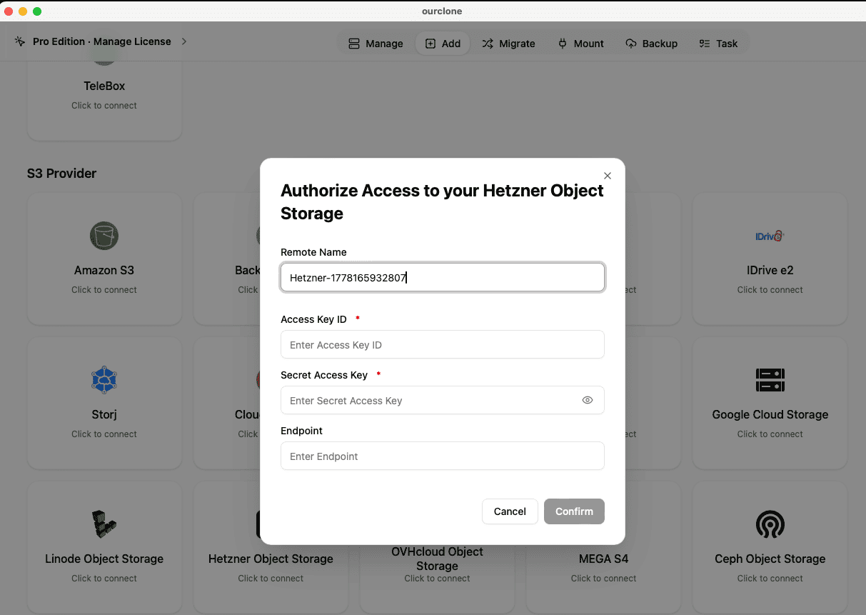 Add Hetzner Object Storage to OurClone with access keys and optional endpoint