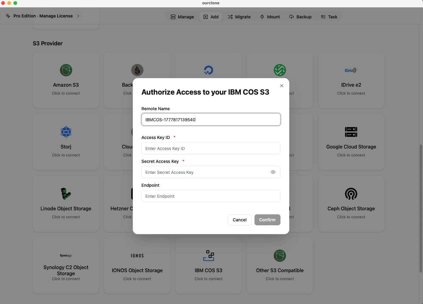 Add IBM Cloud Object Storage to OurClone using HMAC credentials