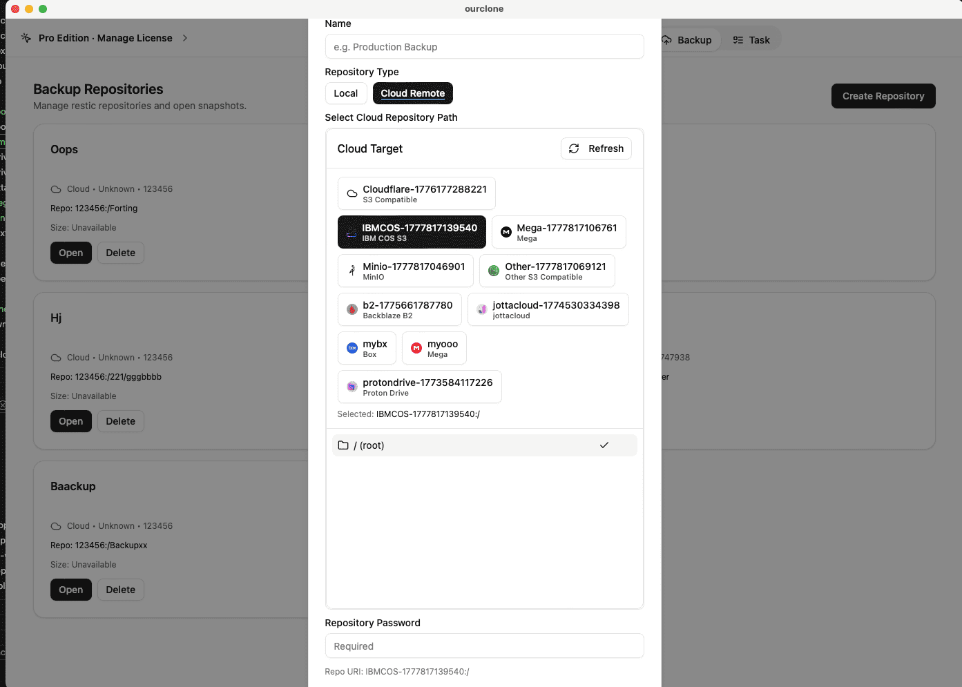 Create a Backup Repository on IBM Cloud Object Storage in OurClone