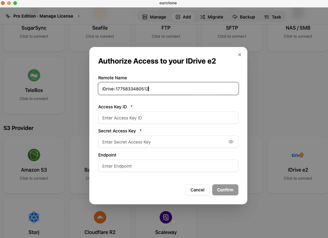 Add IDrive to OurClone