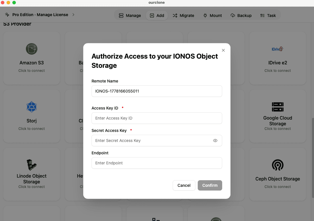Add IONOS Object Storage to OurClone with access keys and optional regional endpoint