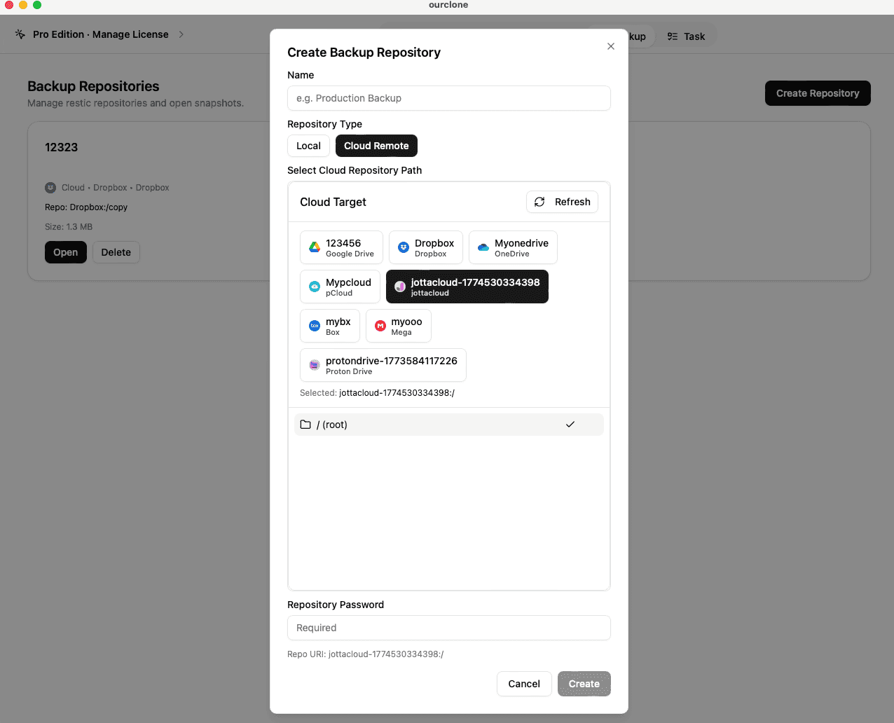 Choose Repository Path in Jottacloud