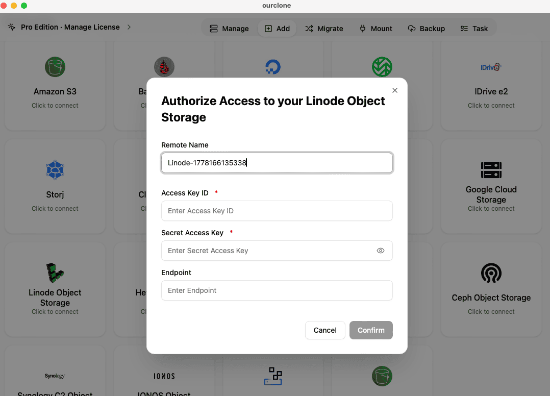 Add Linode Object Storage to OurClone with access keys and optional cluster endpoint