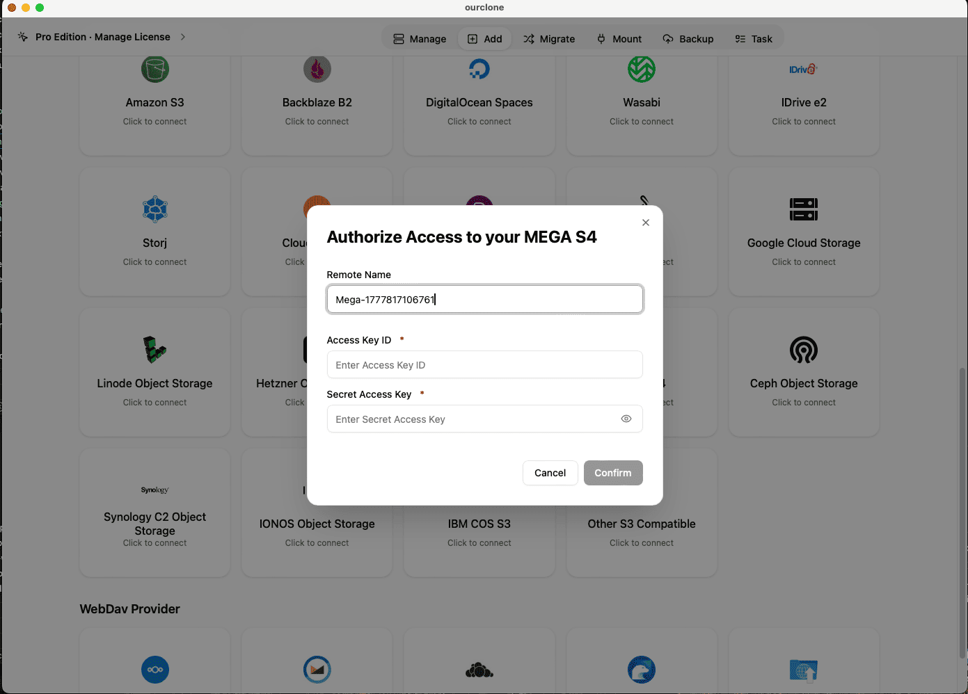 Add MEGA S4 to OurClone with Access Key ID and Secret Access Key