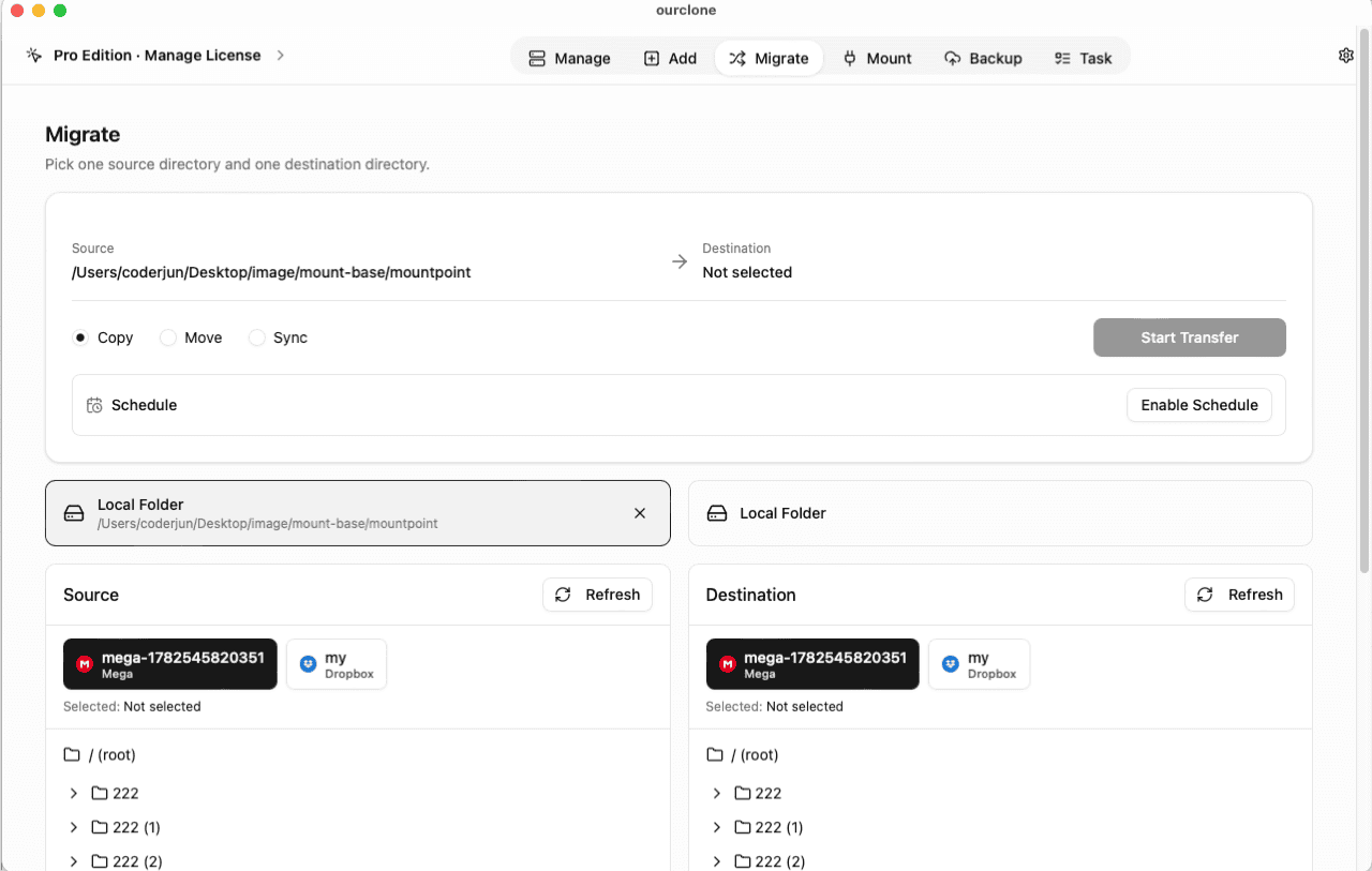 OurClone Migrate page with a local source folder selected and a destination