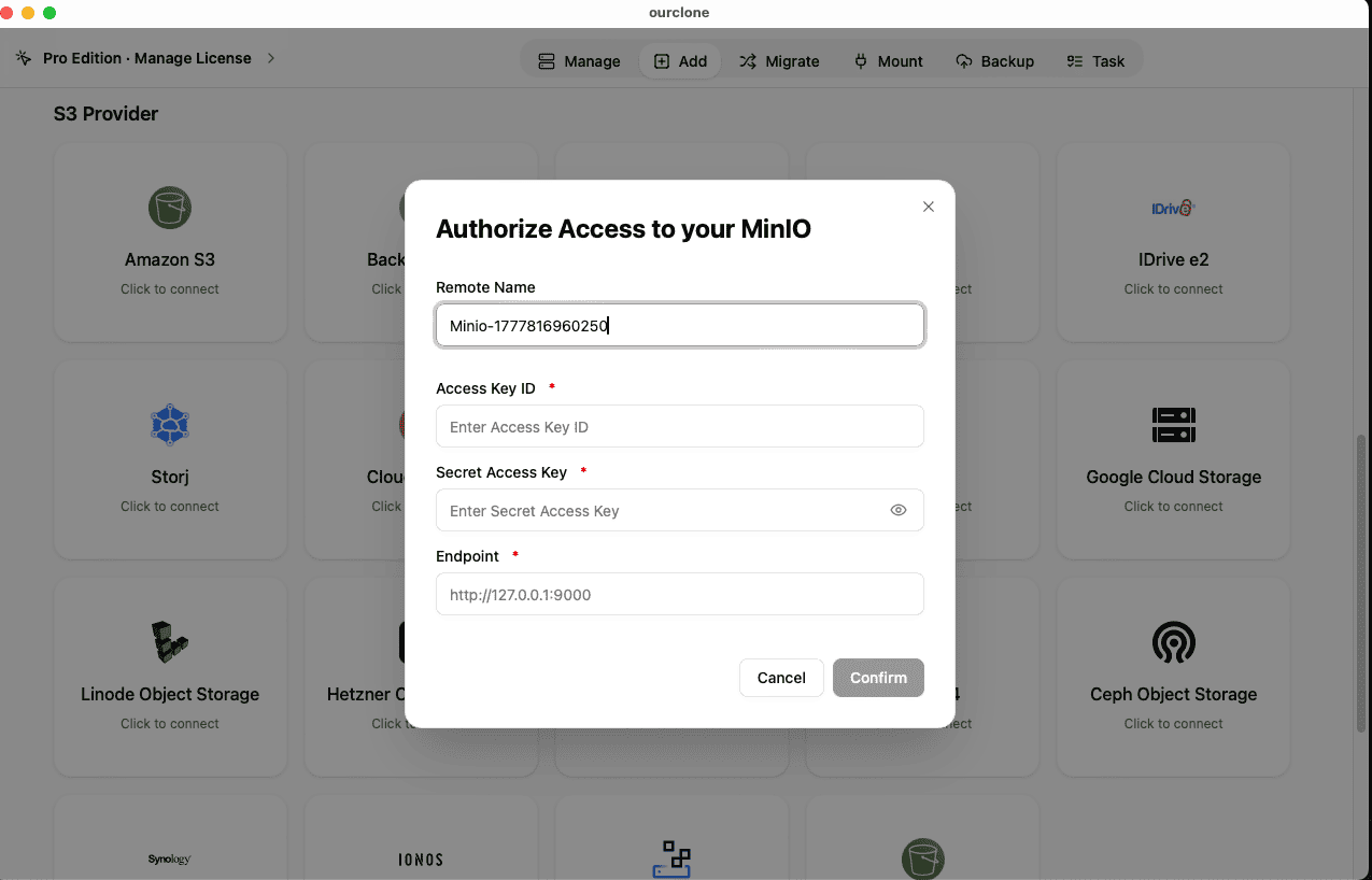 Add MinIO endpoint and access keys to OurClone